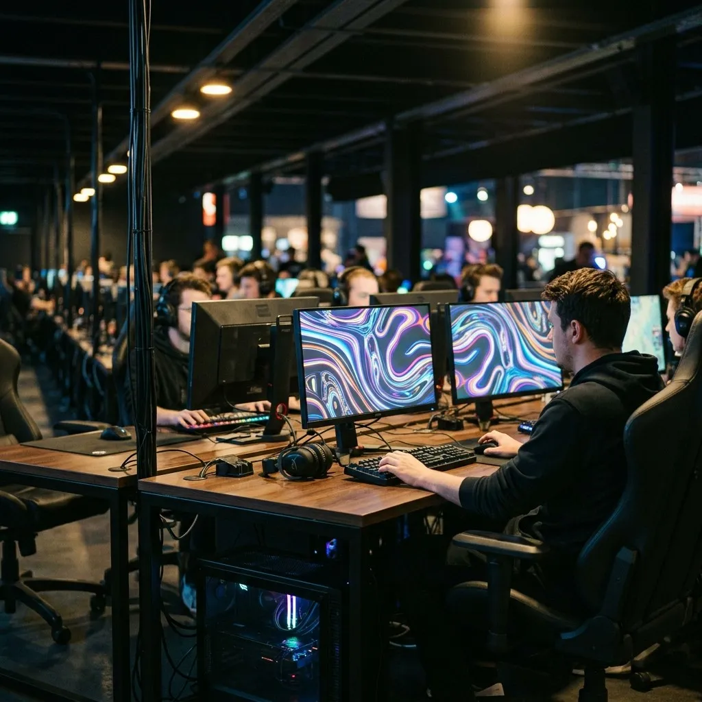 A mid-line gaming station at SYNCNEST PC CLUB with a lit monitor on a clean desk